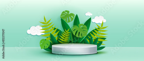 3d paper green leaf product podium background. Summer leaves and plant with showcase platform in minimal garden scene. Eco cosmetic pedestal for sale promotion. Fresh modern environmental ad backdrop