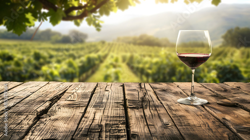 Enjoy the golden hour at a lush vineyard with a glass of red wine and fresh grapes on a rustic wooden table  capturing the essence of vineyard tours and wine tasting copy space