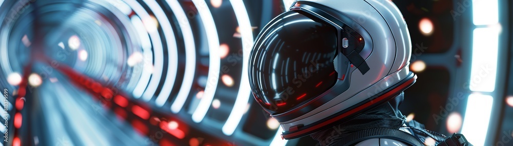 Obraz premium Daring explorer, spacesuit, traversing subspace corridors, amidst shimmering portals, encountering alien energies Realistic, backlighting, bokeh effect