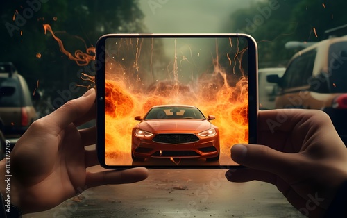 Car and flame recorded with tablet in hand