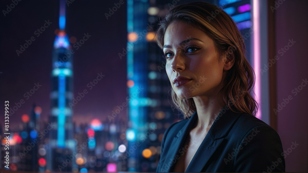 Obraz premium Business woman against the background of city lights and skyscrapers