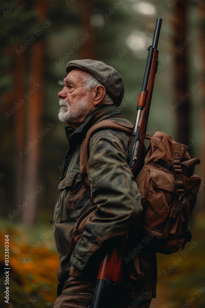 Obraz premium Hunter in the Woods, Elderly hunter with a rifle walking through an autumn forest.