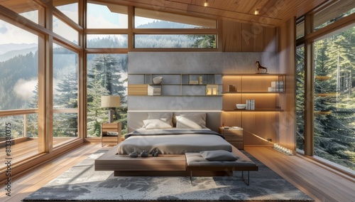 Serene Bedroom Featuring a Panoramic Window and Automated Blackout Shades. tawassul photo
