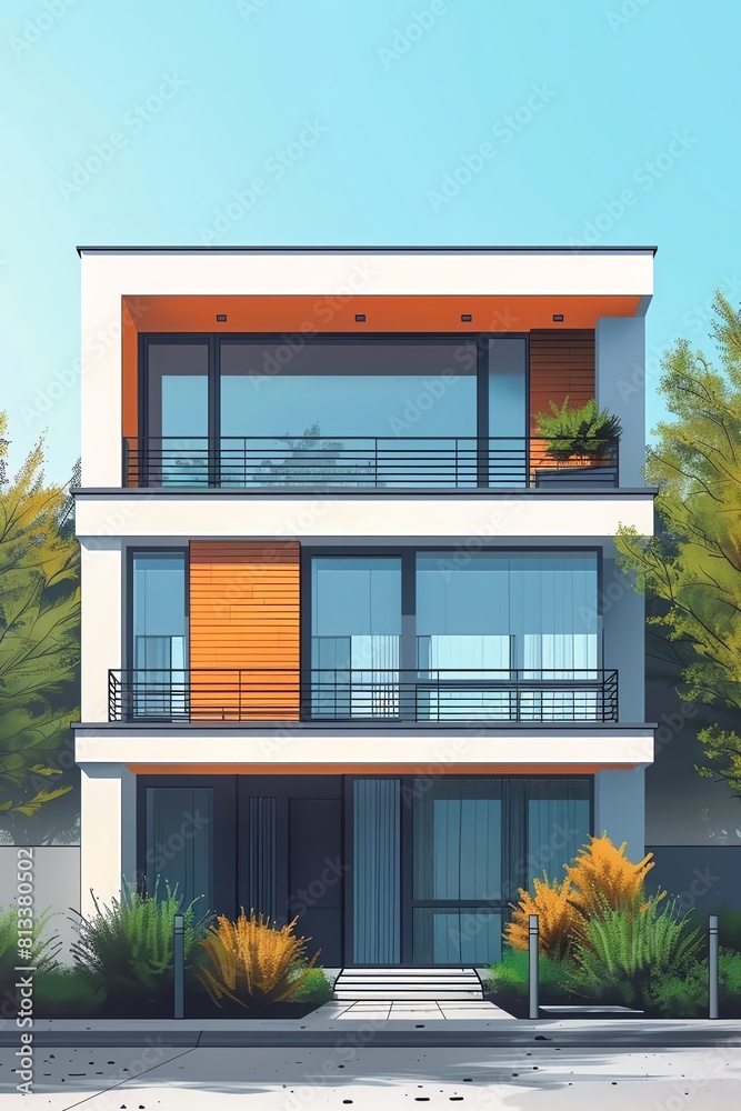 Modern three-story house with a flat roof. The house has a white facade with orange accents. There are large windows on each floor. A lawn and bushes are in front of the house. Modern three-story house with a flat roof. The house has a white facade with orange accents. There are large windows on each floor. A lawn and bushes are in front of the house.