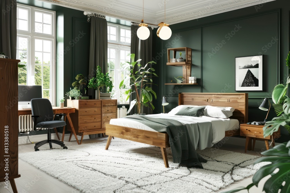 Luxurious bedroom with dark green panel walls, brass accents, and a plush green duvet. Fits for hotel advertising, interior design catalogs, and furniture retail. tawassul Luxurious bedroom with dark green panel walls, brass accents, and a plush green duvet. Fits for hotel advertising, interior design catalogs, and furniture retail. tawassul