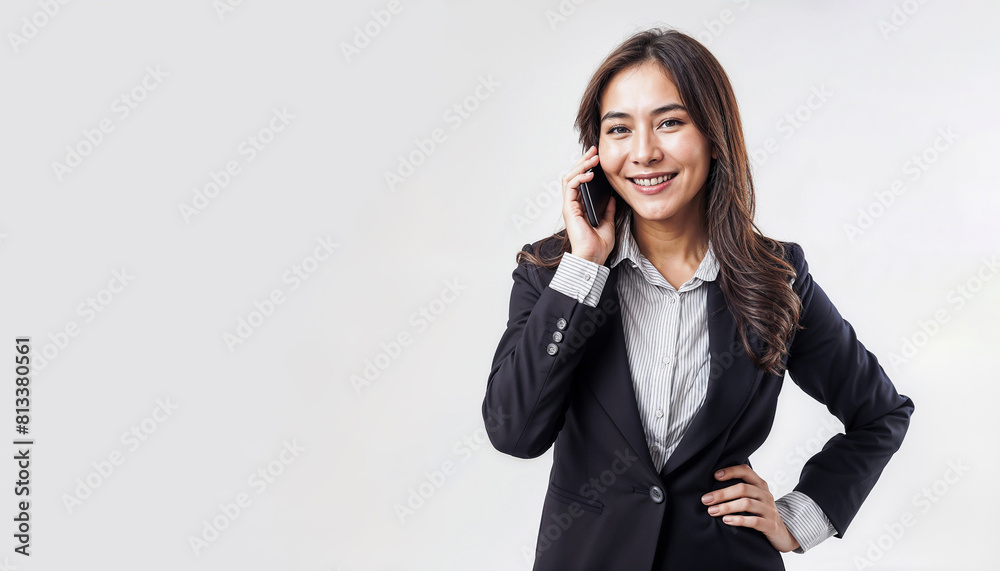 Long haired office woman in suit making a phone call to schedule a meeting Long haired office woman in suit making a phone call to schedule a meeting