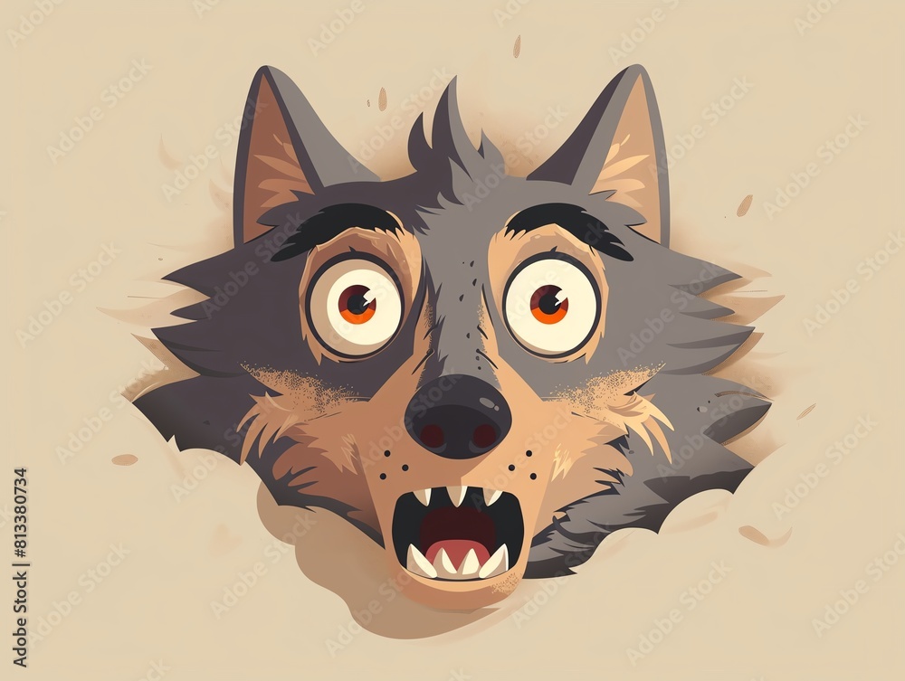 A cartoon wolf with its head popping out of a hole, looking around with