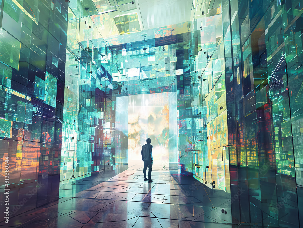 Memory palace architect, futuristic glass walls, key to unlock memories, navigating through virtual corridors of knowledge, VR headset, surreal Memory palace architect, futuristic glass walls, key to unlock memories, navigating through virtual corridors of knowledge, VR headset, surreal