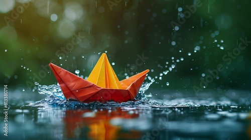 A colorful paper boat creating a playful splash in a puddle during a summer rainstorm