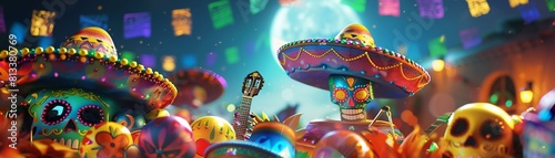 Maracas, Colorful sombrero, Festive musical instruments, Joyful dancing at the Mexican Day of the Dead fiesta, Moonlit night, Realistic, Backlights