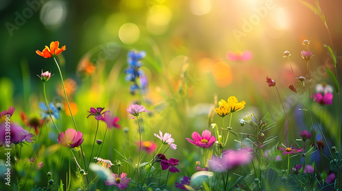 A vibrant wildflower meadow bathed in the golden light of dawn, featuring a variety of colorful blooms with a soft focus background, evoking a sense of peace and natural beauty.