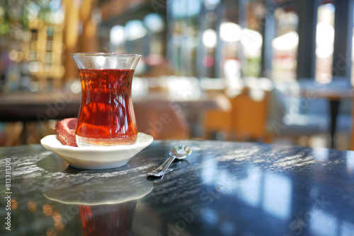 Traditional turkish tea on white table . photo