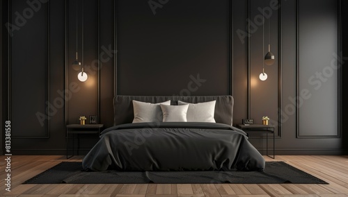 Modern interior design of dark black luxurious bedroom with wood slat wall and accent lighting with multiple flower vases. tawassul