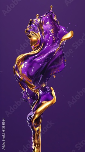 Imagine a surreal depiction of liquid with a futuristic twist, incorporating shiny latex in gold and purple hues with a metallic chrome finish, enhancing the y2k aesthetic