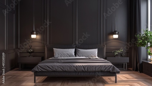 Modern interior design of dark black luxurious bedroom with wood slat wall and accent lighting with multiple flower vases. tawassul