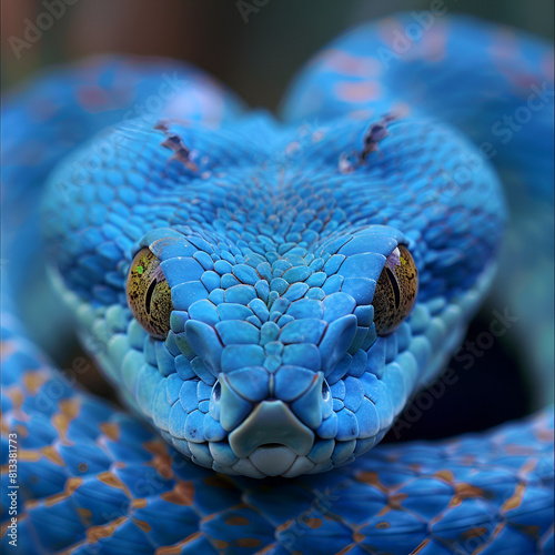 A coiled green snake flicking its tongue out. Macrophotography of the Green Tree Python (Morelia viridis), wildlife, snake with water drops on its skin, scales and eye  generative ai   photo