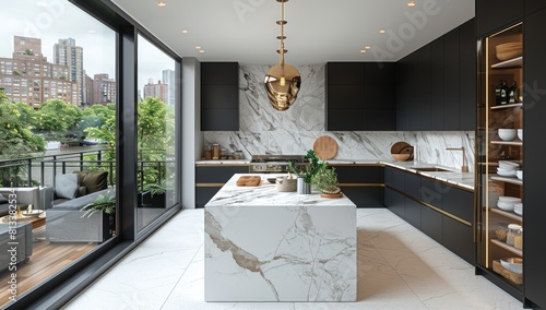 The luxurious feel of a modern combine kitchen and dining room, marble countertops, pendant light fixture. tawassul photo
