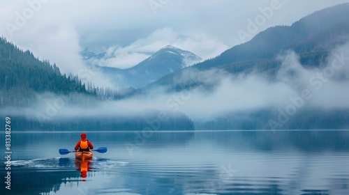 Kayaking into the Misty Mountains, A kayaker in vibrant gear paddles towards . generative ai