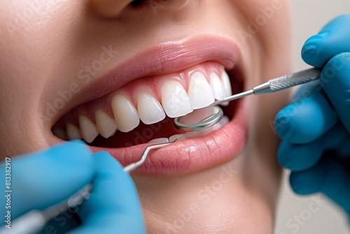 The dentist carefully examines the patient s snow-white teeth  ensuring optimal oral health and hygiene