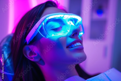 A patient undergoes laser teeth whitening treatment while wearing protective glasses, ensuring safety and precision in dental procedures