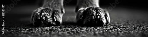 A black and white photo of a dog's paw
