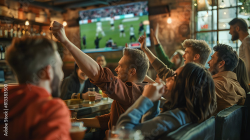 A lively group of friends cheering and enjoying a sports game on a big screen in a cozy  dimly lit sports bar. Ideal for themes of friendship  sports  and leisure activities.