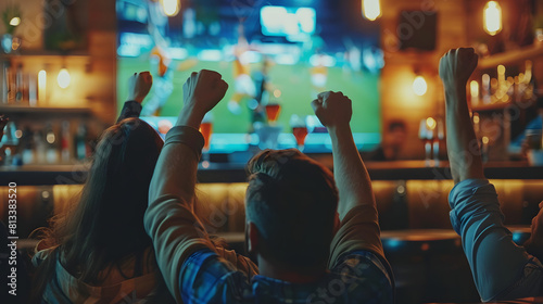Enthusiastic fans with raised fists cheering as they watch a live sports game on a big screen in a dimly lit sports bar. Perfect for themes of excitement, sports, and social gatherings. photo