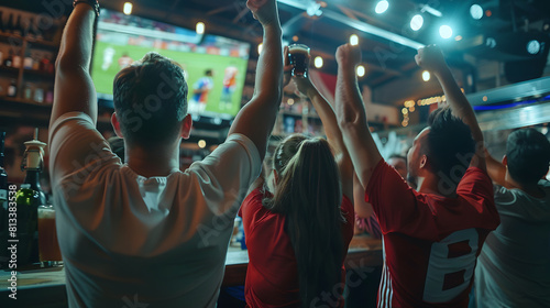 A group of excited fans cheering with raised arms while watching a live sports game on a big screen in a vibrant sports bar. Great for themes of enthusiasm, sports, and social interaction.