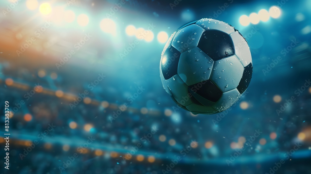 Naklejka premium an electrifying close-up photograph of a football suspended in midair during an evening game in a packed stadium