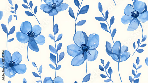 A seamless pattern featuring delicate blue watercolor flowers and leaves on a white background. Ideal for textile designs  wallpapers  and various decorative projects