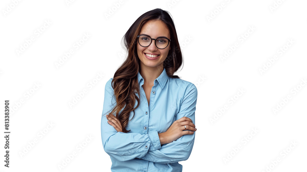 Happy young smiling confident professional business woman wearing blue shirt and glasses. transparent, isolated on white. PNG. Happy young smiling confident professional business woman wearing blue shirt and glasses. transparent, isolated on white. PNG.