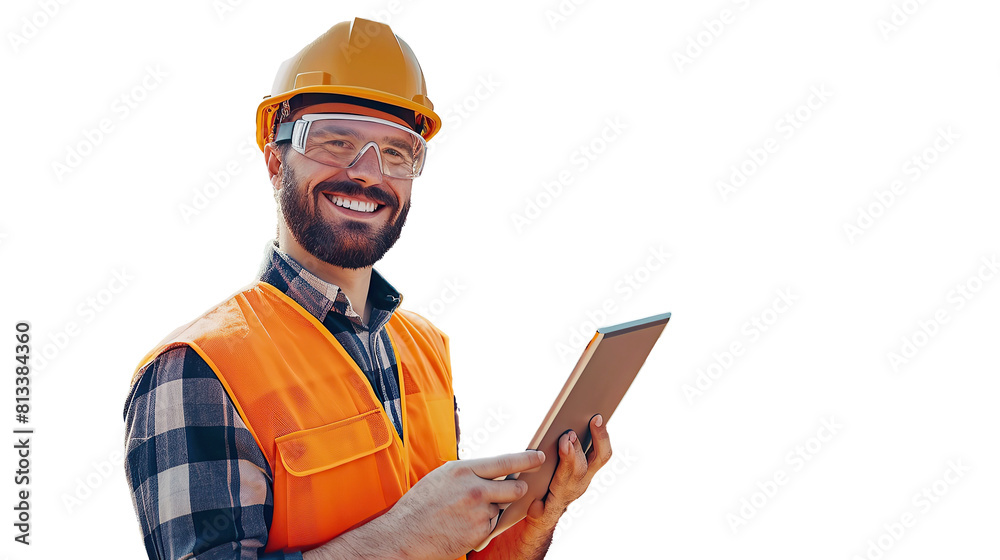 Successful Bearded Civil Engineer Wearing Protective Goggles And Smiling At Camera. transparent, isolated on white. PNG.