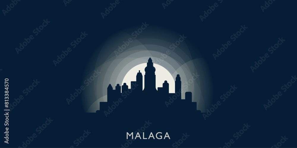 Obraz premium Malaga cityscape skyline city panorama vector flat modern banner illustration. Spain town emblem idea with landmarks and building silhouettes at sunrise sunset night