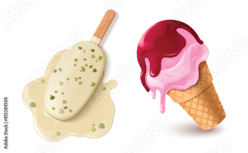 Melted ice cream in waffle cup and on stick. Realistic 3d vector set of popsicle with chips fallen on floor and pink fruit sundae with red jam thawing in sun. spilled and dripping cold dessert.