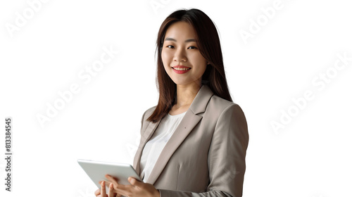 Young smiling successful professional leader Asian business woman. transparent, isolated on white. PNG.