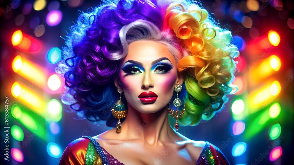 Elegant Drag Queen Mesmerizes with Colorful Makeup, Wigs, and Stage Presence Against Dramatic Backdrops. Elegant Drag Queen Mesmerizes with Colorful Makeup, Wigs, and Stage Presence Against Dramatic Backdrops.