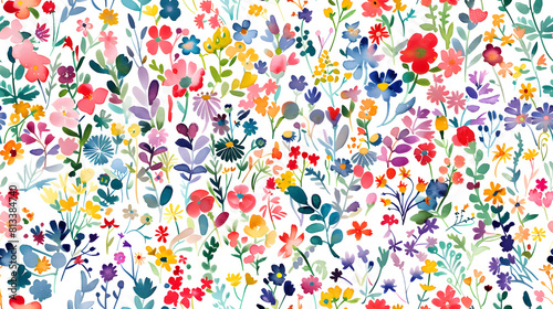 A seamless pattern featuring a vibrant array of colorful wildflowers and greenery on a white background. Ideal for textile designs, wallpapers, and cheerful decorative projects.