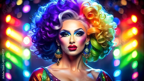 Elegant Drag Queen Mesmerizes with Colorful Makeup  Wigs  and Stage Presence Against Dramatic Backdrops.