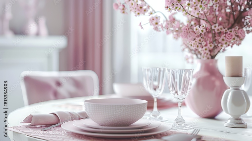Tranquil White Dining Setup with Soft Pink Accents and Simple Elegance Tranquil White Dining Setup with Soft Pink Accents and Simple Elegance