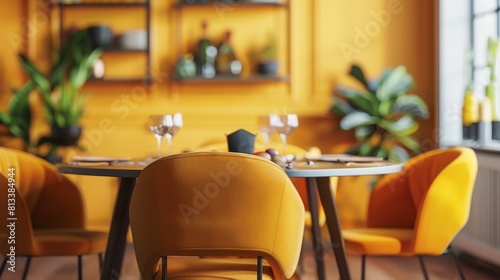 Warm Toned Dining Room with Classic Wooden Furniture and Yellow Accents  Perfect for Traditional Home Decor Photos