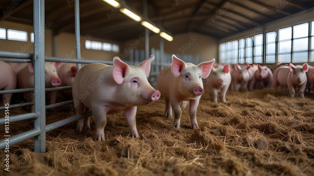 Curious pigs in Pig Breeding farm in swine business in tidy and clean indoor housing farm, with pig mother feeding piglet. Curious pigs in Pig Breeding farm in swine business in tidy and clean indoor housing farm, with pig mother feeding piglet.