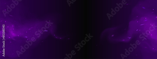 Purple spark smoke and magic fire particle effect background. Dark cloud and abstract fog overlay design for night halloween frame. Violet spell and smoky explosion powder energy illustration