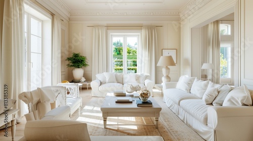 Bright White Living Room with Spacious Design and Modern Decor, Ideal for Airy Home Interior Photos