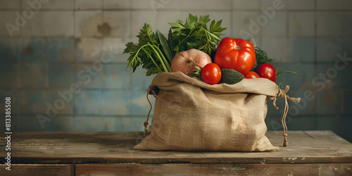 Beautiful fresh set of groceries in a grocery cloth bag on wooden background food concept