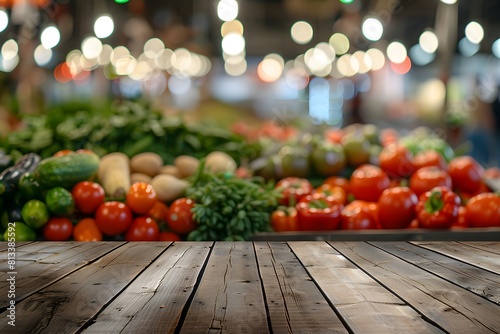 Wooden pedestal set in organic supermarket store, with blurred backdrop of assorted vegetables and fruits, providing an appealing setting for highlighting healthy and vegetarian items