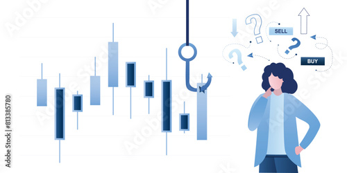 Businesswoman trader analyze growth graph with fishing bait. Candlestick signal to buy or sell in trading or stock market, analyze data, chart and graph to make profit concept.
