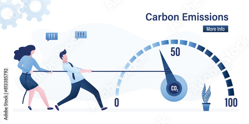 Group of volunteers uses rope and pulls arrow on measuring scale for CO2 reduction. Carbon dioxide emissions control. Zero emission, sustainable development, stop global warming.