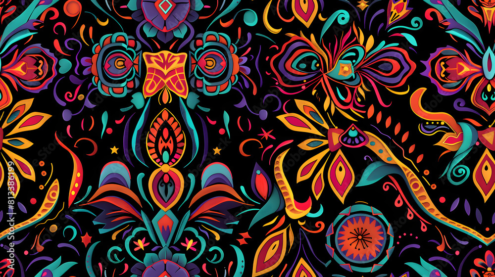 Colorful seamless pattern featuring abstract floral and ornamental designs in bright hues on a black background. Ideal for fabric, wallpaper, and decorative projects.