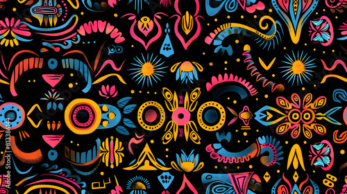 Vibrant seamless pattern featuring abstract floral and geometric designs in bright colors on a black background. Ideal for fabric  wallpaper  and decorative projects.