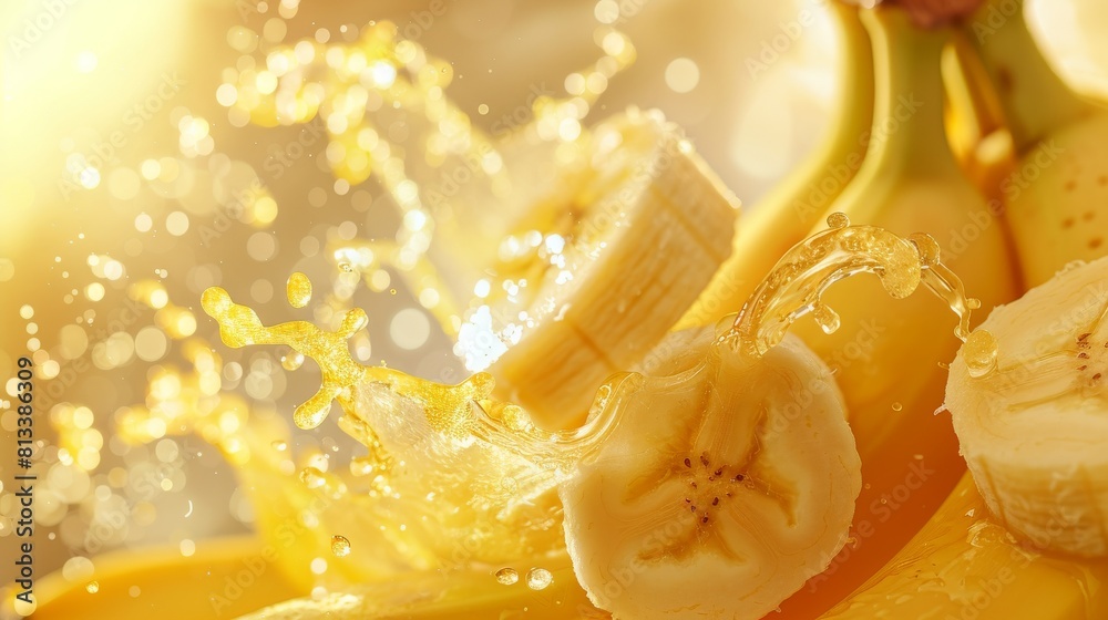 Ripe bananas with a dynamic splash of juice captured in bright, close-up detail showcasing freshness and vitality Ripe bananas with a dynamic splash of juice captured in bright, close-up detail showcasing freshness and vitality
